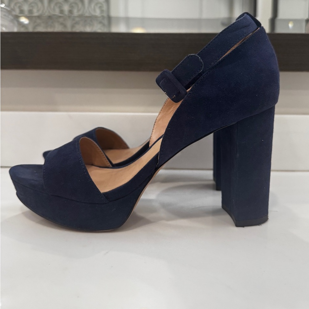 Audrey Brooke Blue Ankle Strap Open Toe Block Heel Platform, Size 8.